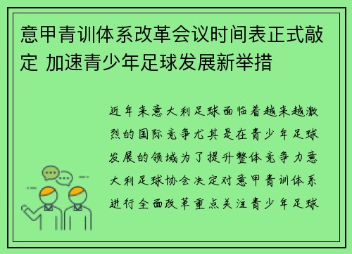 意甲青训体系改革会议时间表正式敲定 加速青少年足球发展新举措