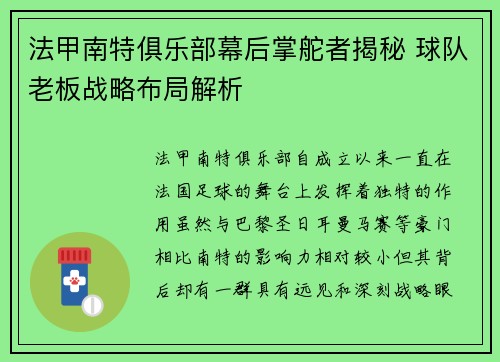 法甲南特俱乐部幕后掌舵者揭秘 球队老板战略布局解析