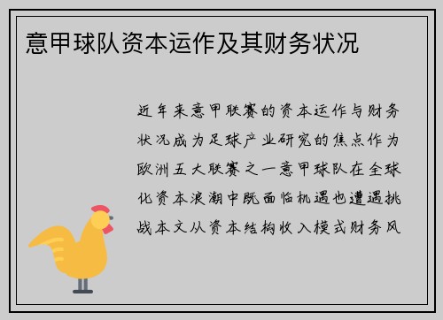 意甲球队资本运作及其财务状况