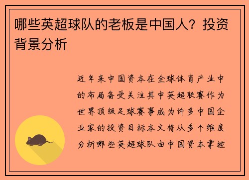 哪些英超球队的老板是中国人？投资背景分析