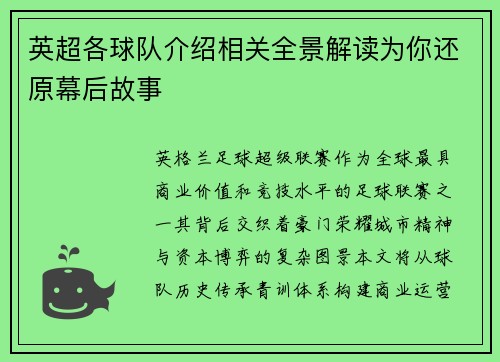 英超各球队介绍相关全景解读为你还原幕后故事